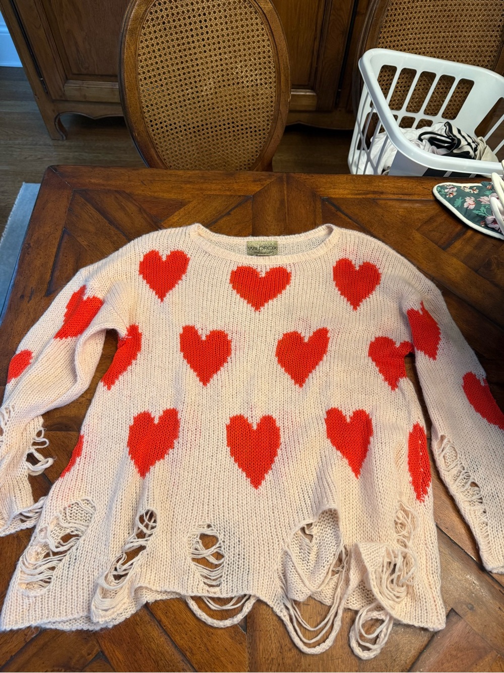 White Fox Boutique Cream Sweater with Red Heart Motif